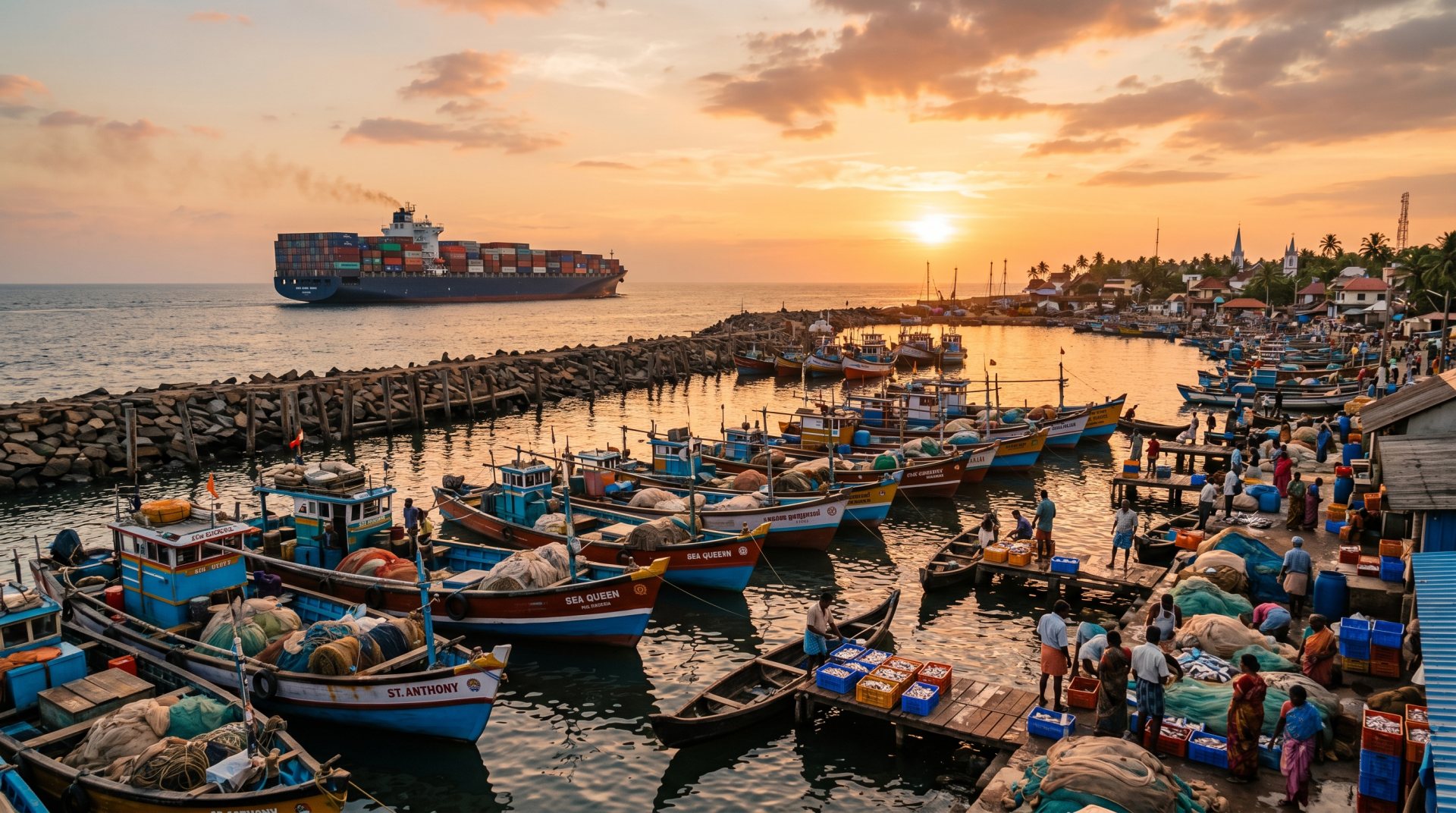 Coastal fishing harbour at golden hour
